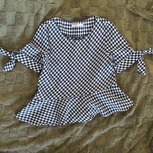 Ellison Navy Gingham Tie-Sleeve Peplum Top – Size S, Cotton Blend